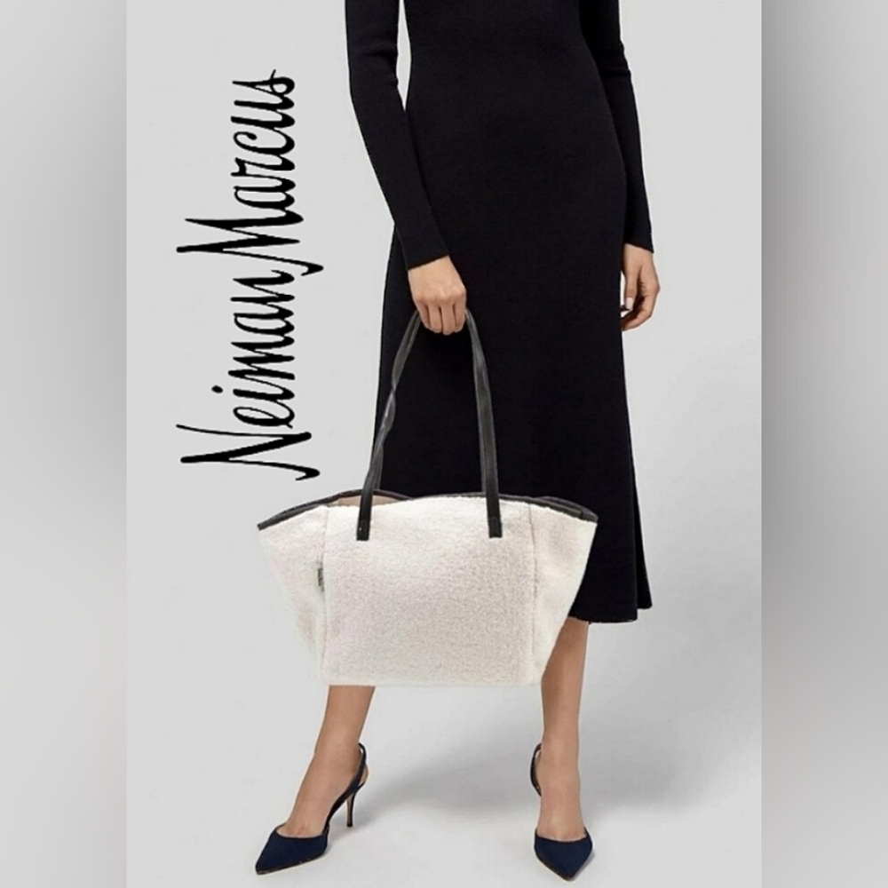 Neiman Marcus Faux Shearling Tote Bag Winter White/Black NWT
